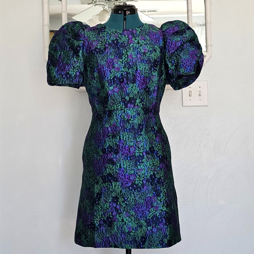 Donna Morgan Green and Purple Jaquard Puff Sleeve Mini Dress Size 6 NWT
